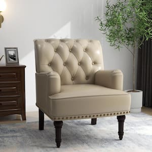 Mid-Century Modern Solid Wood Legs Beige PU Leather Button Upholstered Accent Armchair With Nailhead Trim