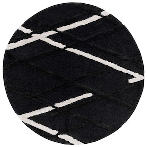 Hi-Lo Shag Charcoal/Ivory 7 ft. x 7 ft. Solid Color Striped Round Area Rug