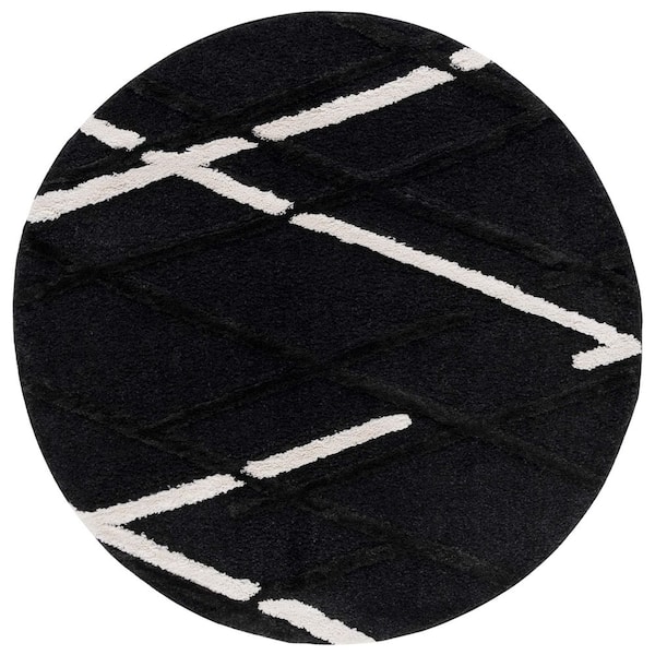 SAFAVIEH Hi-Lo Shag Charcoal/Ivory 7 ft. x 7 ft. Solid Color Striped Round Area Rug