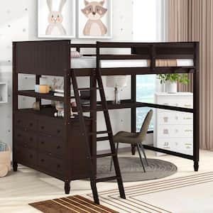 Full Size Loft Bed with Drawers and Desk, Wooden Loft Bed with Shelves - Espresso