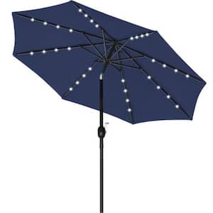 9 ft. Solar Patio Umbrella Table Market with Push Button Tilt/Crank and 32 LED Lighted, Dark Blue