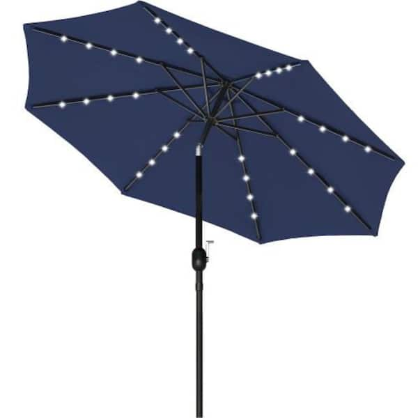 ITOPFOX 9 ft. Solar Patio Umbrella Table Market with Push Button Tilt/Crank and 32 LED Lighted, Dark Blue