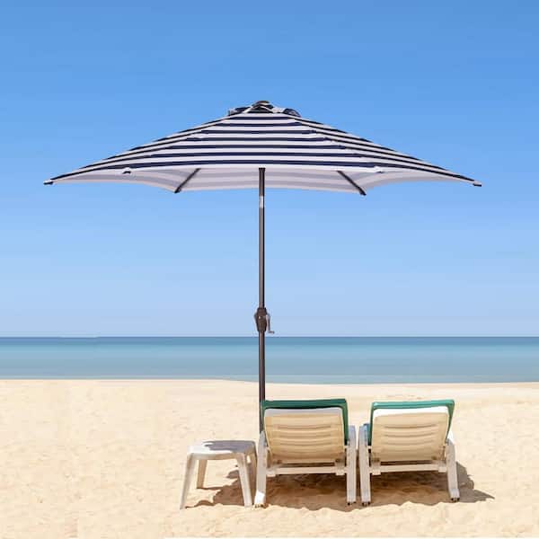GOSHADOW 9 ft. Market Patio Umbrella in Blue White Stripes with Push Button Tilt and Crank