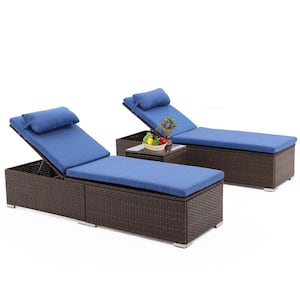 Anky Brown 3-Piece Rattan Wicker Adjustable Outdoor Chaise Lounge with Olefin Blue Cushions and Side Table