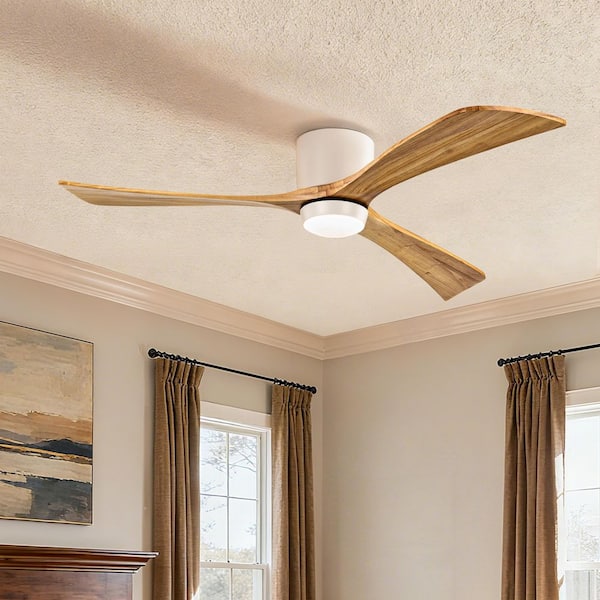 52 in. Indoor White 3 Solid Wood Blades Integrated LED Ceiling Fan with Remote Control and Reversible DC Motor