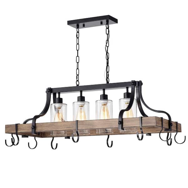 Blakes 4-Light Black Metal Faux-Wood Kitchen Island Chandelier