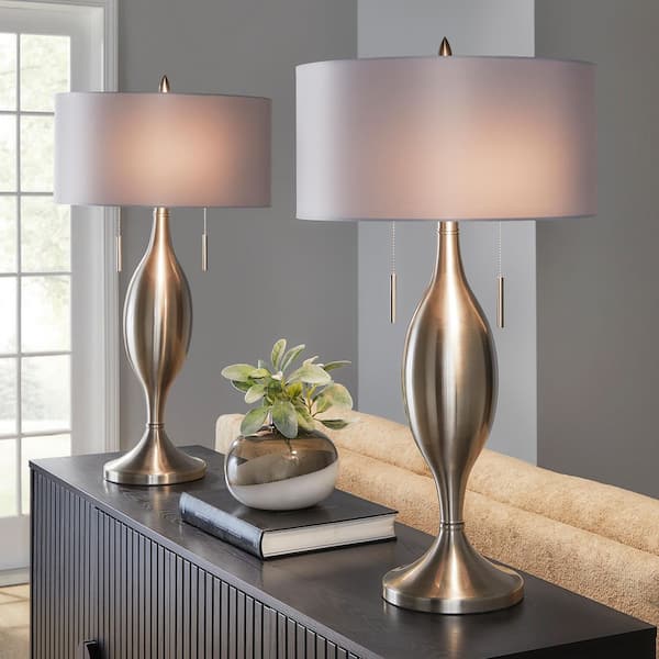 Anabelle 31.5 in. Brushed Nickel and Light Silver Fabric Table Lamp (Set of 2)