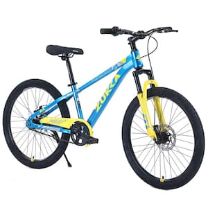24 in. Age 9-12 Years Mountain Bike for Boys and Girls, Height Adjustable, Double Disc Brake in Blue Yellow