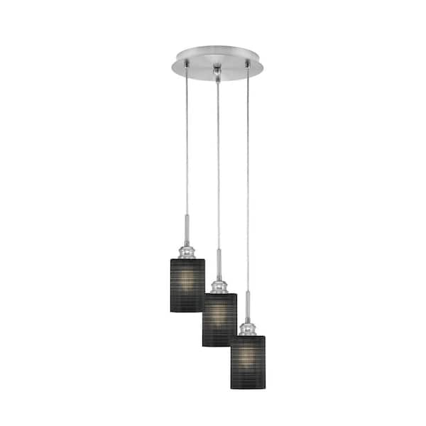 Unbranded Savannah 9.25 in. 3-Light Brushed Nickel Cord Pendant Light Black Matrix Glass Shade