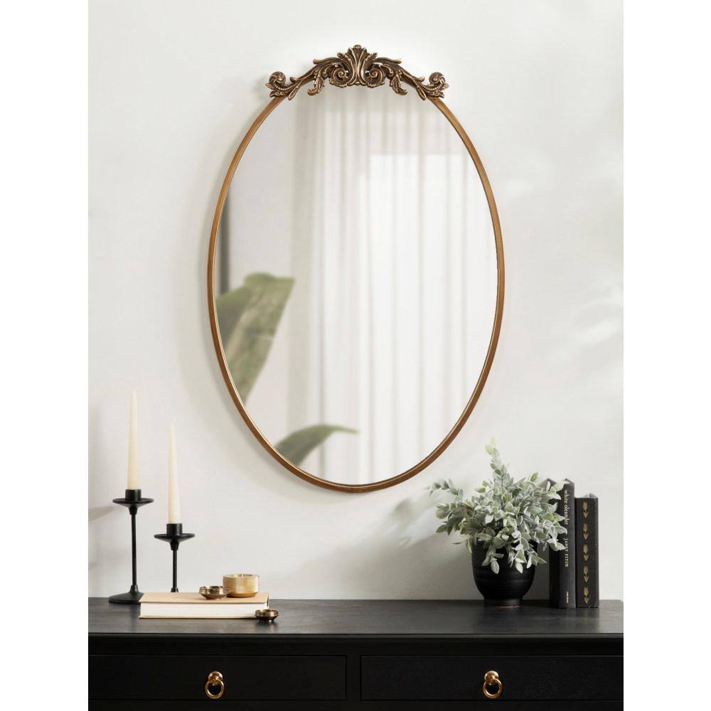 Antique Gold Oval Baroque Vanity Wall Mirror with Ornate Crown