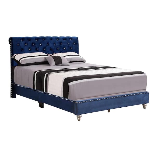 AndMakers Maxx Navy Blue Tufted Upholstered Queen Panel Bed