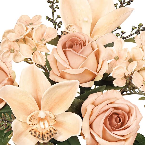 16 in. Light Cafe Brown Artificial Mixed Rose Cymbidium Orchid Hydrangea Flower Stem Bush Bouquet (Set of 2)