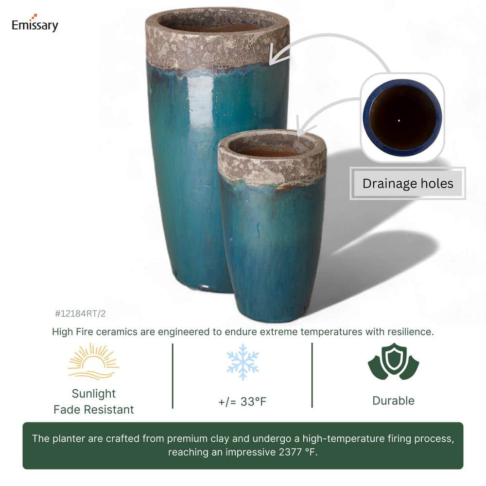 Teal and Gray Tall Ceramic Planter for Indoor/Outdoor Use