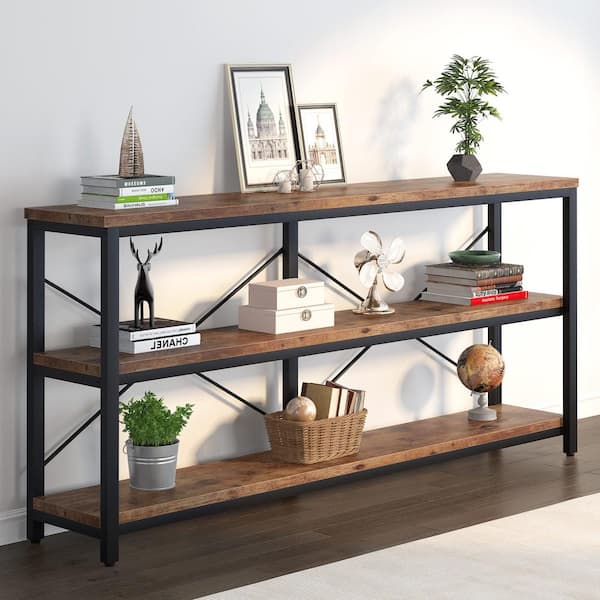 TRIBESIGNS WAY TO ORIGIN Eileen 70.9 in. Rectangle Black Metal Rustic Brown Particle Board Wood Top Sofa Table with 3 Open Storage Shelves