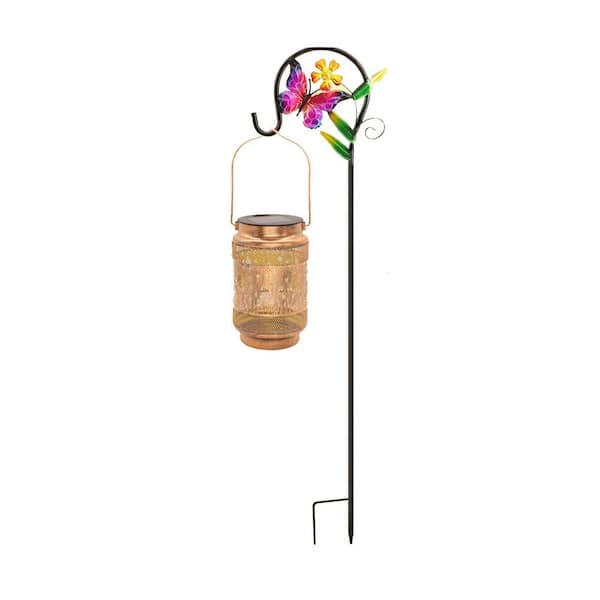 7 in. x 33 in. Bronze Metal Butterfly Solar Lanterns Outdoor