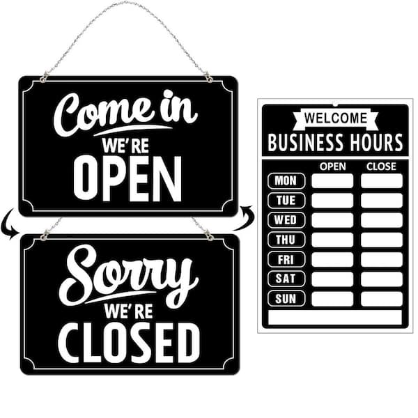 Black Double-Sided Open Closed Sign with Business Hours Set for Store Restaurant and Bar Window Door Display (1-Pack)