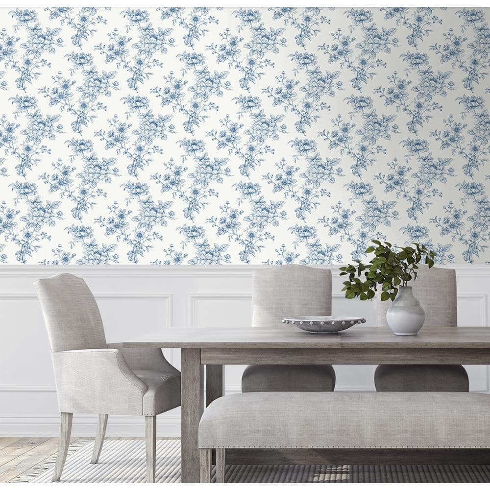 Blue Floral Vinyl Self-Adhesive Peel and Stick Wallpaper Roll