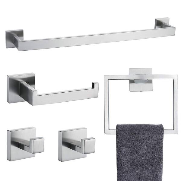 5 Piece Bath Hardware Set with Toilet Paper Holder Included in Brushed