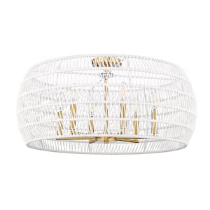 Ellie 27.125 in. 6-Light Modern Brushed Gold and Bleached White Raphia Rope Semi-Flush Mount