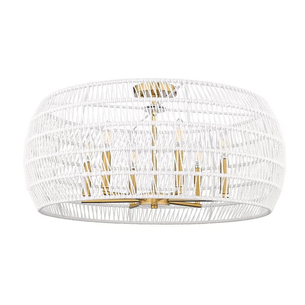 Golden Lighting Ellie 27.125 in. 6-Light Modern Brushed Gold and Bleached White Raphia Rope Semi-Flush Mount