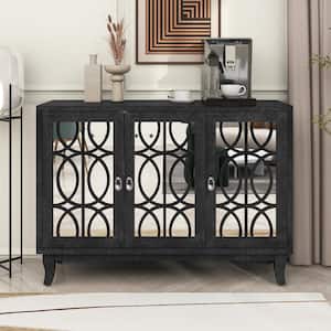 Black Wood 47.2 in. Mirrored Sideboard with Adjustable Shelves and Drop-Shaped Silver Handles