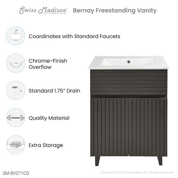 Bernay 24 in. W x 18.31 in. D x 33.38 in. H Bath Vanity in Cedar Grey with Glossy White Ceramic Top