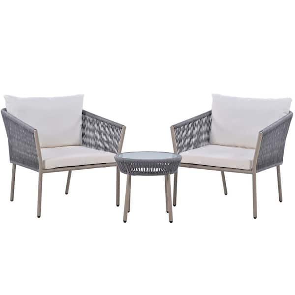 Polibi Gray 3-Pieces Rattan Woven Rope Patio Conversation Set with White Polyester Cushion, 2 Single Chairs and 1 Coffee Table