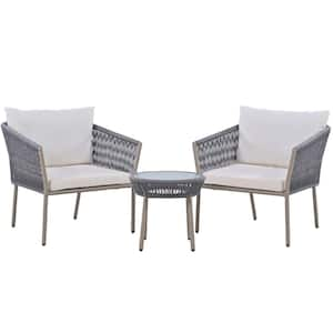 Gray 3-Pieces Rattan Woven Rope Patio Conversation Set with White Polyester Cushion, 2 Single Chairs and 1 Coffee Table