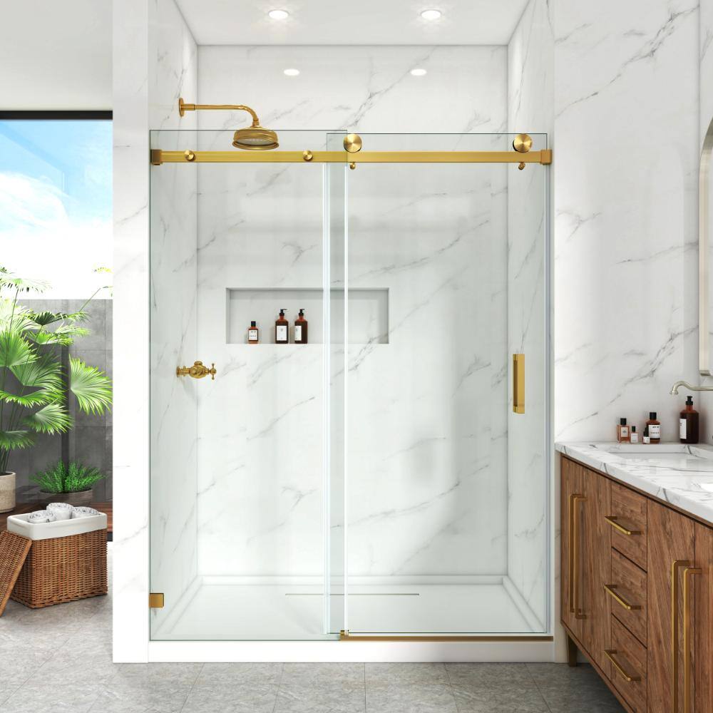 50–54.5 in. W x 76 in. H, Frameless Shower Door, Single Sliding Door 3/8 in. Clear Tempered Glass, Brushed Gold. price history on PriceWatchPro
