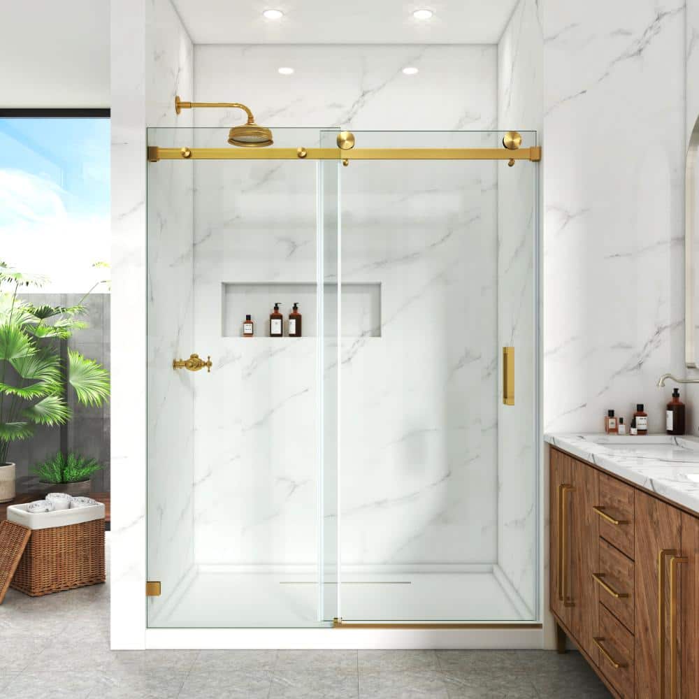 Frameless Shower Door, 67–72.5 in. W x 76 in. H, Single Sliding Door 3/8 in. Clear Tempered Glass, Brushed Gold. price history on PriceWatchPro