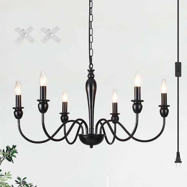 6 Light 28.54 in. Black Chandeliers with Plug-in Cord for Living Room with No Bulbs Included