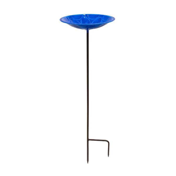 12 in. Blue Delphinium Lolly Birdbath with Stake, Solid Brass, Outdoor Glass, Enamel Finish