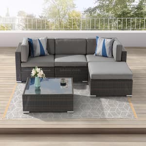 5-Piece PE Rattan Wicker for Patio, Outdoor Sectional Furniture Sets with Smoky Grey Cushion