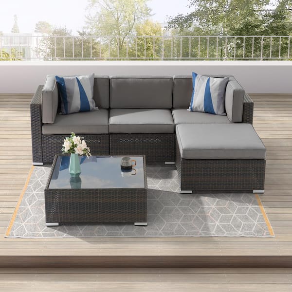 Sonkuki 5-Piece PE Rattan Wicker for Patio, Outdoor Sectional Furniture Sets with Smoky Grey Cushion