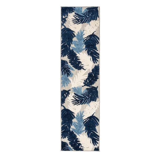 Tropical Floral Modern Indoor/Outdoor Navy 2 ft. 7 in. x 12 ft. Runner Rug