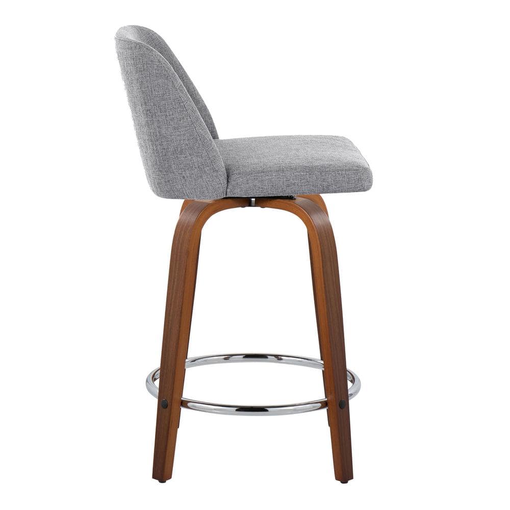 Walnut Wood and Gray Fabric Swivel Counter Stool with Chrome Base