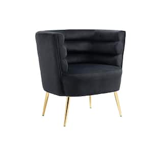 Black Upholstery Velvet Accent Modern Chair with Round Armrest and Golden Legs