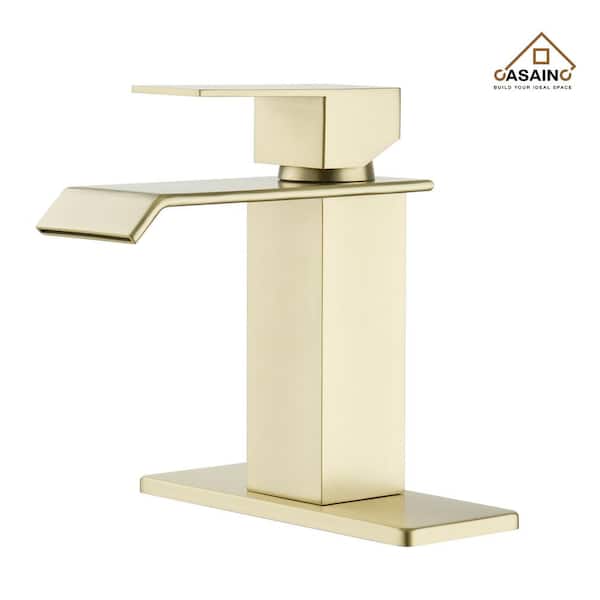 CASAINC Single Handle Single Hole Bathroom Vanity Sink Waterfall Spout Bathroom Faucet in Brushed Gold