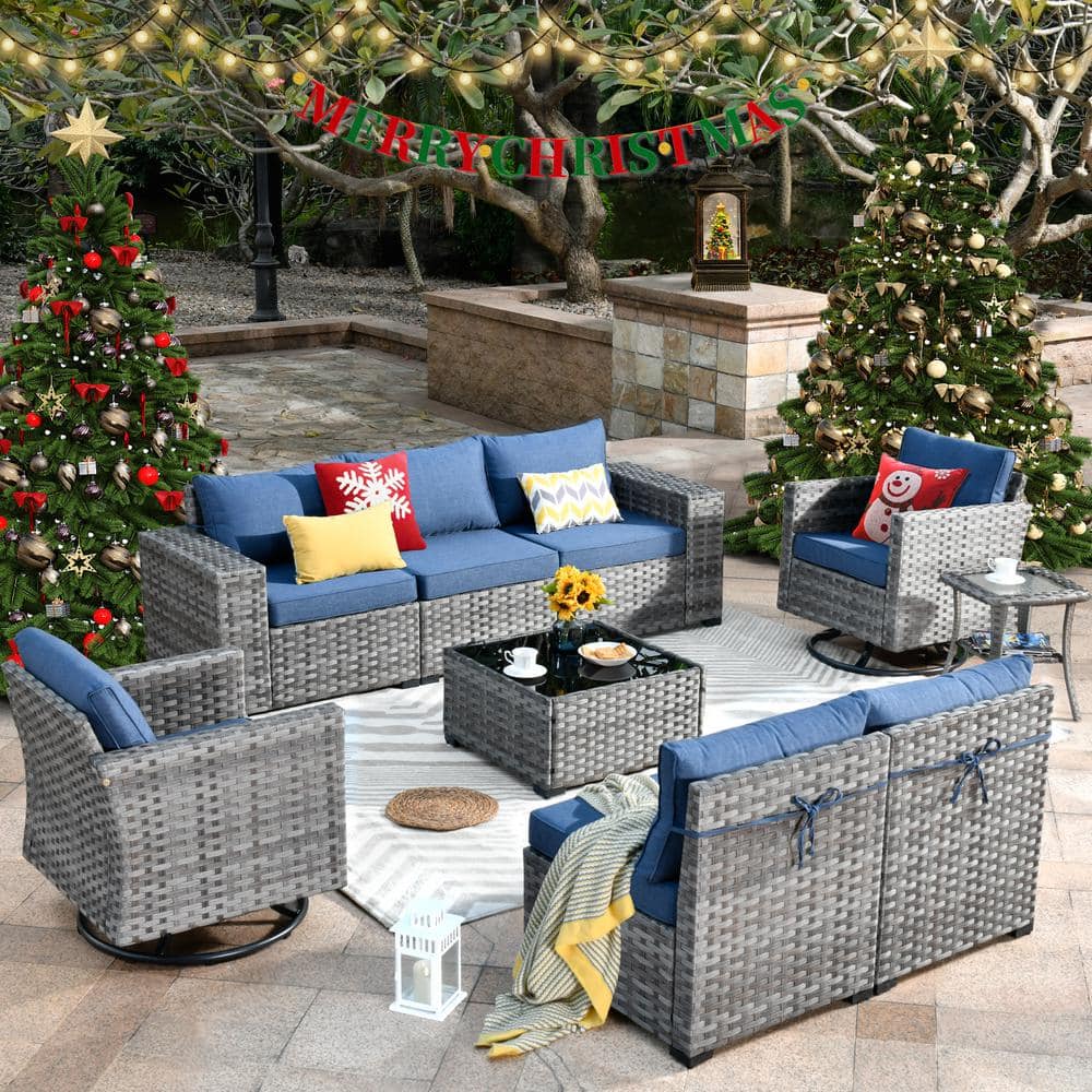 HOOOWOOO Tahoe Grey 9-Piece Wicker Outdoor Patio Conversation Sofa Set with  Swivel Rocking Chairs and Denim Blue Cushions YZBR309DB - The Home Depot