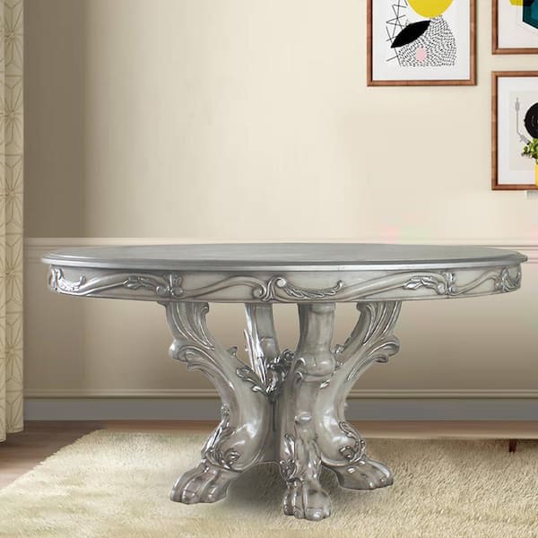 Mesh Cut Out Carved Mango Wood Octagonal Folding Table with Round Top, Antique White and Brown