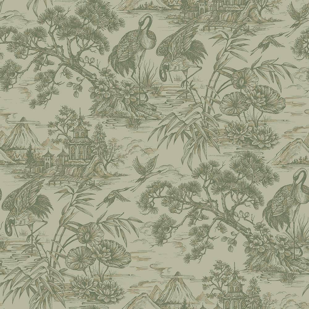 Green Majestic Crane Tropical Print Textured Wallpaper