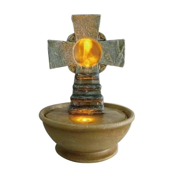 OK LIGHTING 9 in. Antique Brass Tabletop Cross LED Fountain