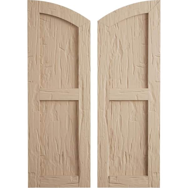 Ekena Millwork 12 in x 32 in Polyurethane Hand Hewn Two Equal Flat Panel Elliptical Top Faux Wood Shutters Primed Tan