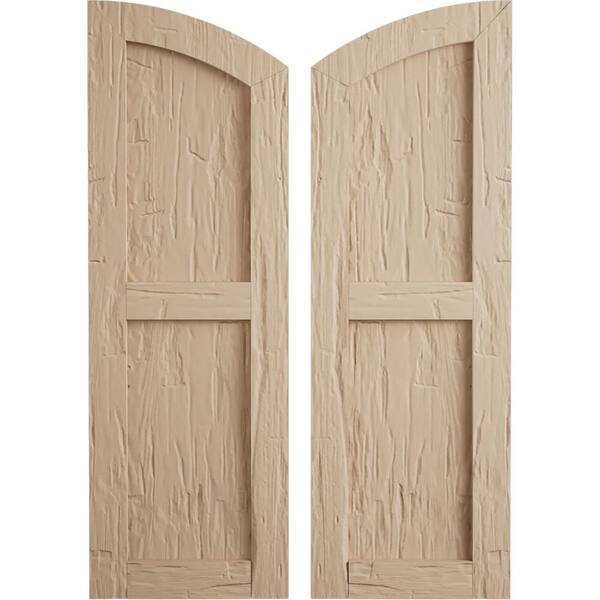 Ekena Millwork Faux Wood 18 in. x 56 in. Timberthane 2 Equal Flat Panel Elliptical Top Polyurethane Shutters Primed Tan in Hand Hewn