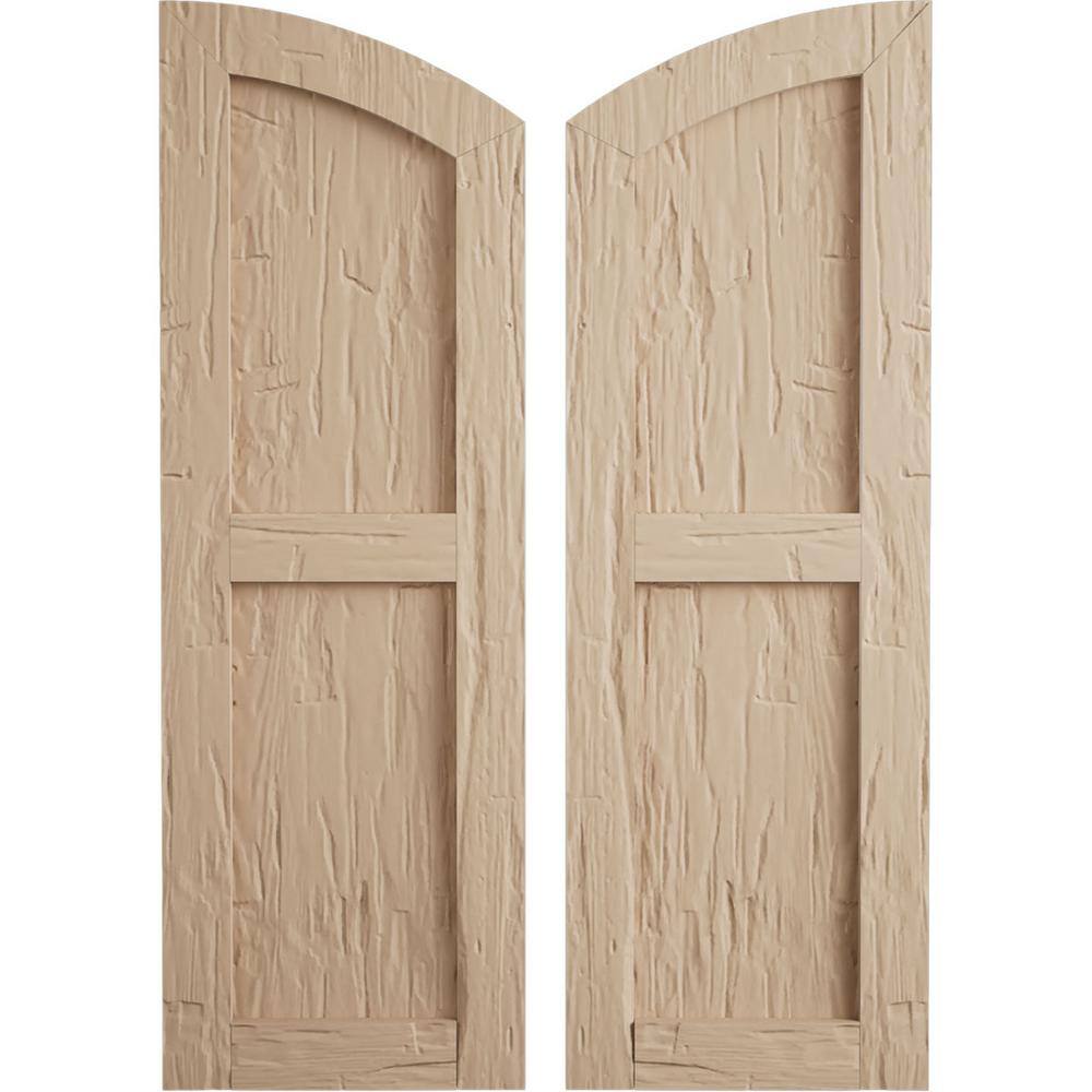 18 in. x 76 in. Polyurethane Hand Hewn 2 Equal Flat Panel Elliptical Top Faux Wood Shutters Primed Tan price history on PriceWatchPro