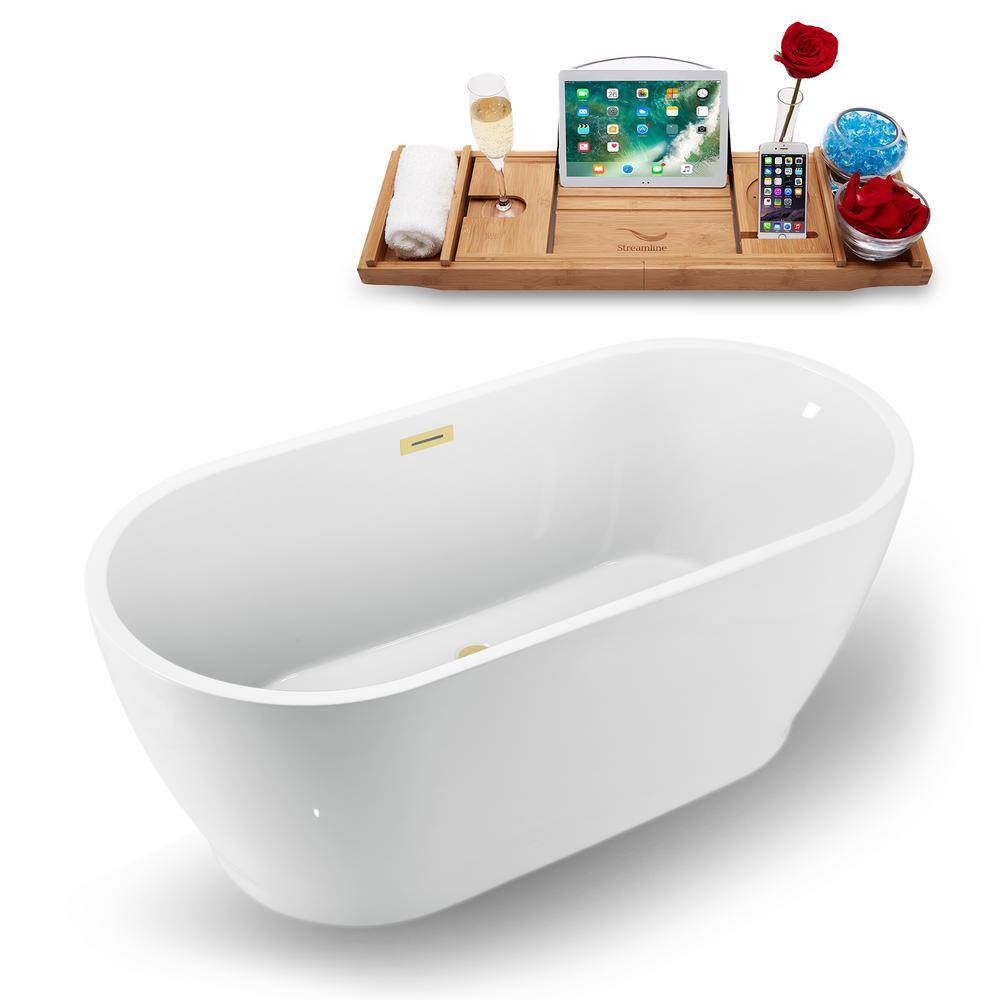 59" Glossy White Acrylic Freestanding Soaking Bathtub with Polished Brass Drain