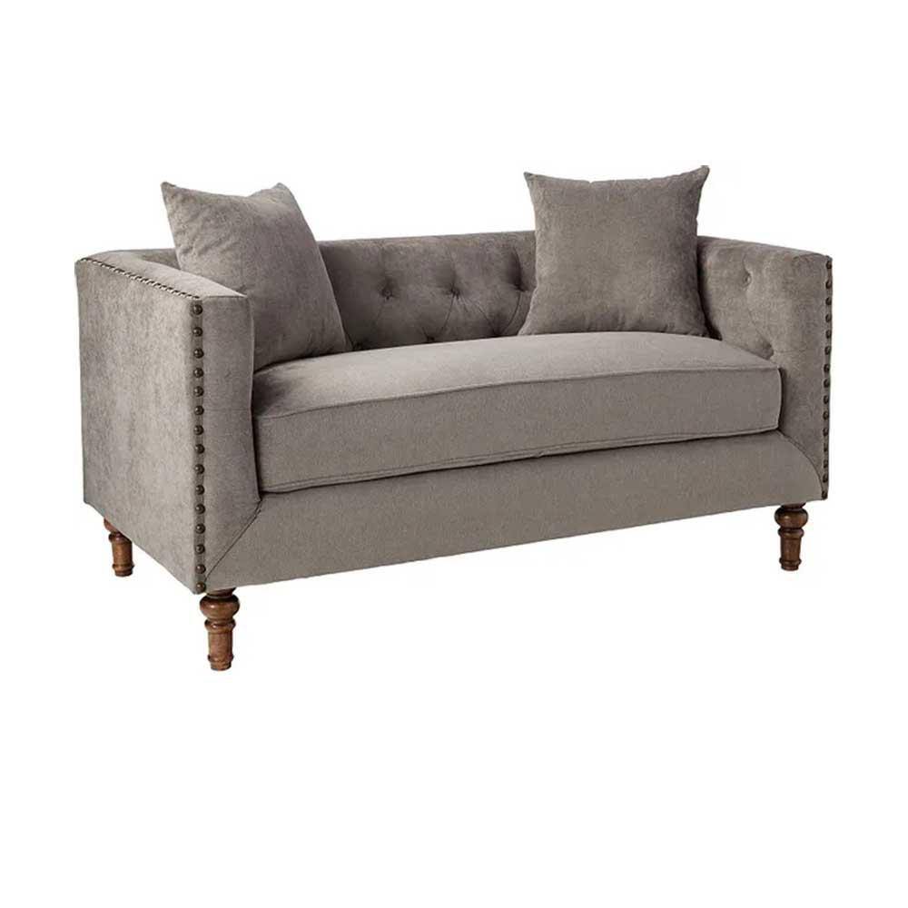 Gray Velvet Tufted Loveseat with Nailhead Trim and Cup Holder