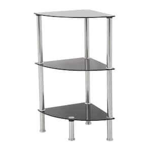 11.8 in. W x 11.8 in. D Black Glass and Chrome Corner 3-Tier Shelving Unit