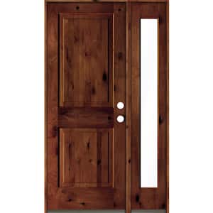 46 in. x 80 in. knotty alder Left-Hand/Inswing Clear Glass Red Chestnut Stain Square Top Wood Prehung Front Door w/RFSL