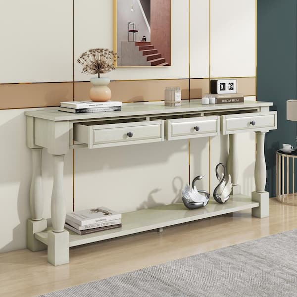 Harper & Bright Designs 65 in. Antique White Standard Rectangle Wood Console Table with Drawers